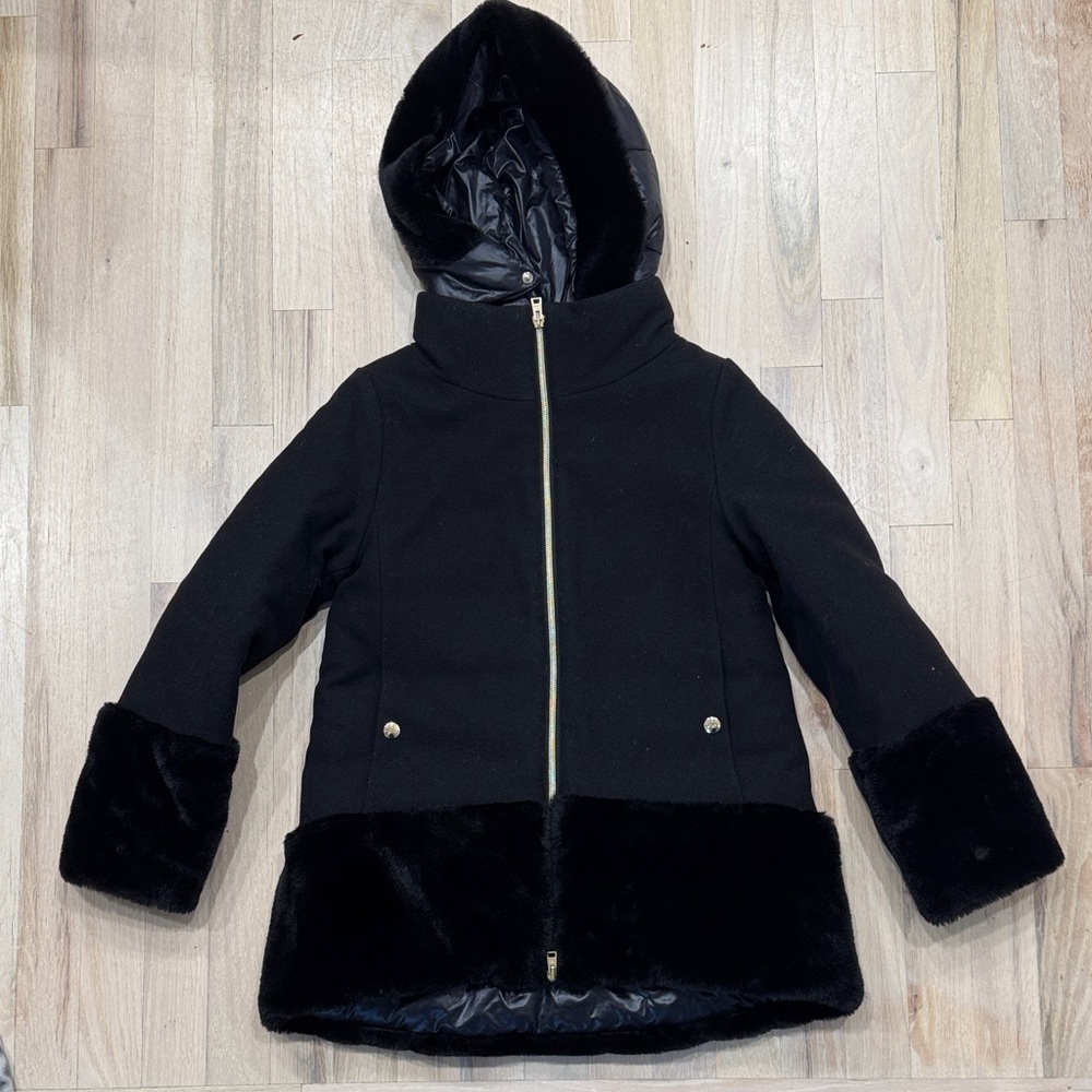 Herno Kids Wool and Faux Fur Insulated Coat Black Sz 10